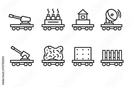 Military Defense Icons. Outline icon set of military train defense systems: turret gun, smoke grenade launcher, observation post, radar system, anti-aircraft