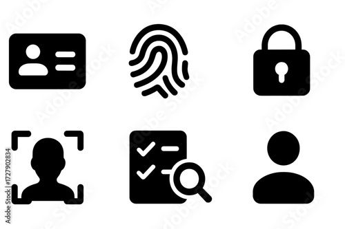Verification Icon Set. Solid, filled icon set of recipient verification: ID card, fingerprint, security shield, lock, facial recognition, checklist, magnifying