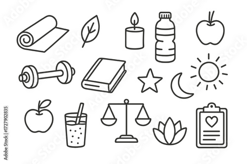 Holistic Health Doodles. Hand-drawn doodle illustration Holistic health wellness yoga mat, leaf, candle, water bottle, book, star, sun, moon, dumbbell, apple,