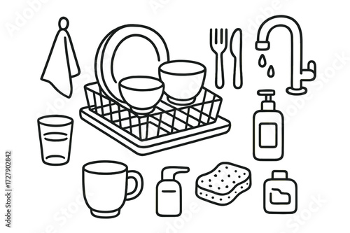 Minimalist Kitchen Doodle. Hand-drawn doodle illustration Minimalist kitchen dish rack [simple rack, plate, bowl, cup, fork, spoon, knife, drip tray, towel,