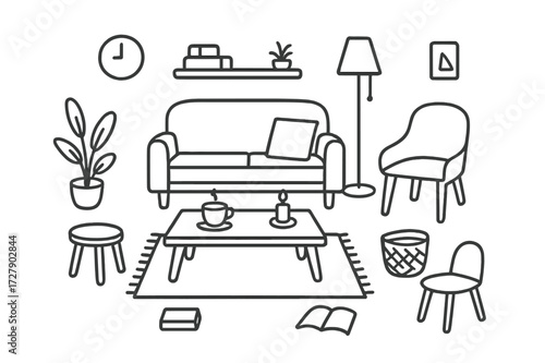Minimalist Living Room Doodles. Hand-drawn doodle illustration Minimalist Living Room [sofa, cushion, table, cup, candle, plant, lamp, shelf, basket, picture