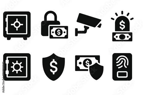 Cash Security Icons. Solid, filled icon set of cash security: safe box, padlock with cash, security camera, cash alarm, money vault, shield with dollar, cash