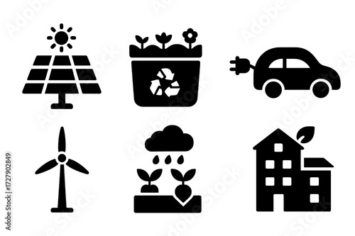 Sustainable Urban Icons. Solid, filled icon set of sustainable urban design: solar panel, green roof, recycling bin, electric car, wind turbine, community
