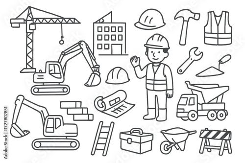 Construction Site Doodles. Hand-drawn doodle illustration Commercial construction site [crane, excavator, bulldozer, dump truck, construction worker, helmet,