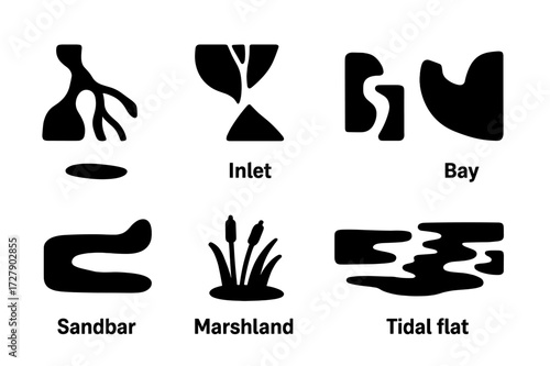Tidal Geography Icons. Solid, filled icon set of tidal geography: estuary, delta, inlet, lagoon, bay, sandbar, marshland, tidal flat. [Solid, filled icons in