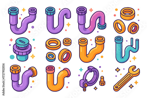 Colorful Sink Trap Icons. Colorful isometric vector icons set of Sink Trap Components: P-trap, S-trap, J-bend, slip nut, cleanout plug, compression washer, PVC