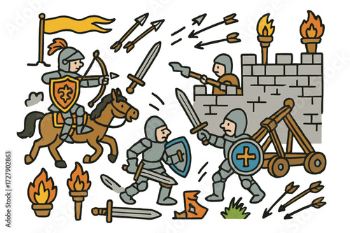 Medieval Battle Doodle. Medieval battle. Colorful Hand-drawn doodle Children illustration medieval battle knight, castle wall, catapult, sword, shield, banner,