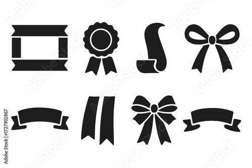 Black Ribbon Icons. Solid, filled icon set of decorative ribbon elements: ribbon border, ribbon rosette, curled edge, tied loop, ribbon banner, tail ends,
