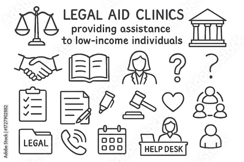 Legal Aid Doodle. Hand-drawn doodle illustration Legal aid clinics providing assistance to low-income individuals [scales of justice, courthouse, handshake,