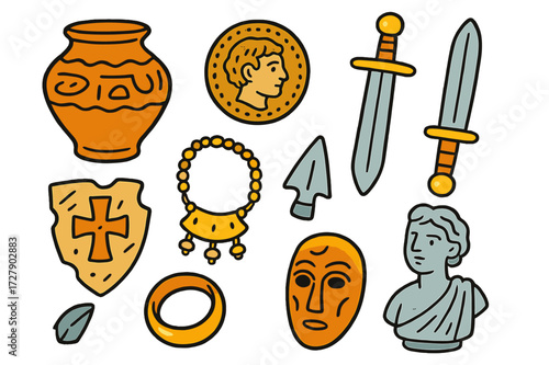 Historical Artifacts Doodle. Historical artifacts. Colorful Hand-drawn doodle Children illustration historical artifacts clay pot, bronze coin, old sword,