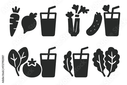 Vegetable Juice Icons. Solid, filled icon set of vegetable juices: carrot juice, beet juice, celery juice, cucumber juice, spinach juice, tomato juice, green