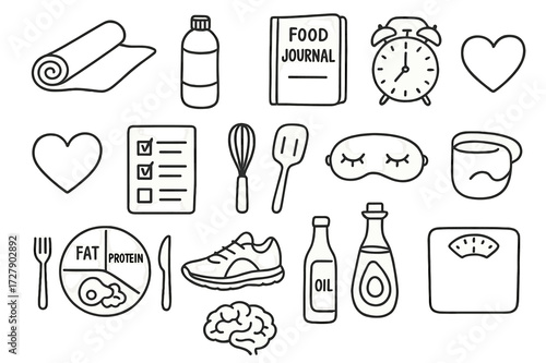 Keto Lifestyle Doodle. Hand-drawn doodle illustration [keto lifestyle elements] [yoga mat, water bottle, food journal, alarm clock, heart icon, checklist,