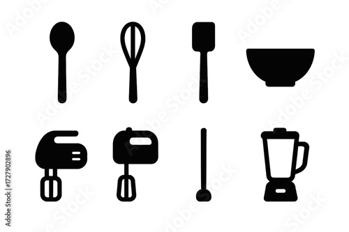 Stirring Tools Icons. Solid, filled icon set of stirring tools: wooden spoon, whisk, spatula, mixing bowl, hand mixer, electric mixer, stirring stick, blender