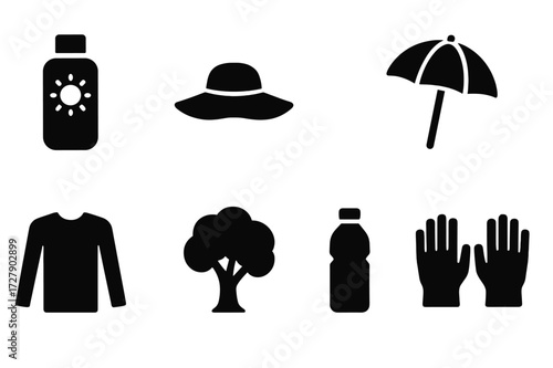 Sun Protection Icons. Solid, filled icon set of sunburn prevention: sunscreen bottle, sun hat, sunglasses, umbrella, long sleeve shirt, shade tree, water