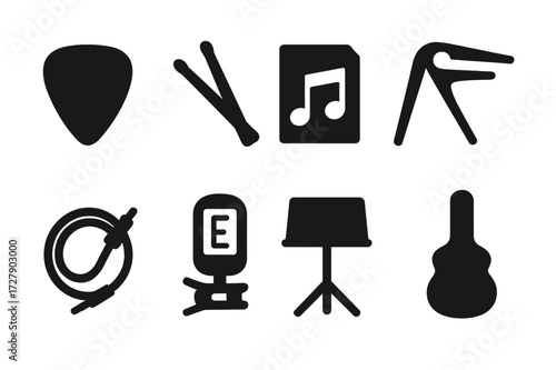 Live Band Accessories. Solid, filled icon set of live band accessories: guitar pick, drumsticks, music sheet, capo, microphone cable, tuner, music stand,