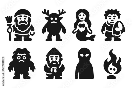 Kikimora Icon Collection. Solid, filled icon set of kikimora household spirits: domovoi, leshii, rusalka, bannik, forest spirit, house guardian, shadow figure,