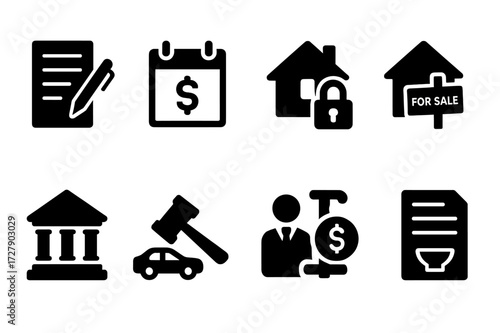 Creditor Rights Icons. Solid, filled icon set of creditor rights: contract, repayment schedule, lien, foreclosure, judgment, seizure, payment enforcement,