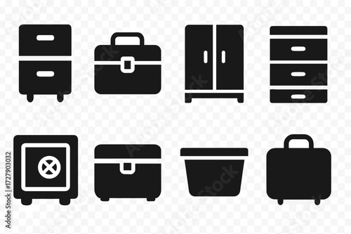 Storage Icon Set. Solid, filled icon set of storage containers: filing cabinet, tool box, wardrobe, drawer, safe, storage chest, plastic bin, suitcase. Solid,