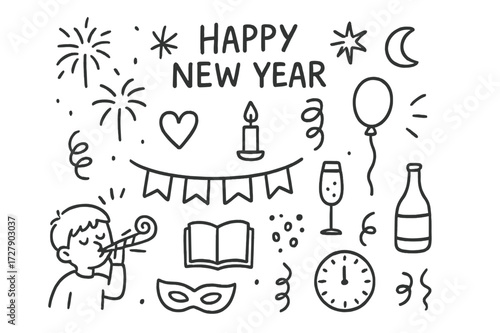 New Year Icons. Hand-drawn doodle illustration New Year wishes fireworks, star, moon, heart, candle, banner, balloon, champagne glass, bottle, clock, confetti,