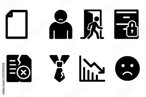 Job Termination Icons. Solid, filled icon set of job termination: pink slip, disappointed employee, office exit, locked drawer, canceled contract, broken tie,