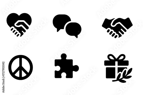 Emotional Icon Set. Solid, filled icon set of emotional compromise: heart with handshake, speech bubbles, peace symbol, handshake, clock, puzzle piece, gift,