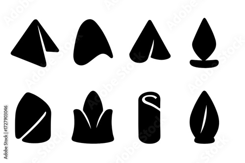 Folded Napkin Icons. Solid, filled icon set of folded napkin silhouettes: angular fold, curved edge, layered fold, pointed tip, tucked edge, wide base, tight