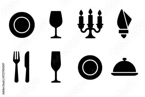 Elegant Dining Icons. Solid, filled icon set of elegant dining: fine china, crystal glass, silverware, candelabra, linen napkin, champagne flute, dessert