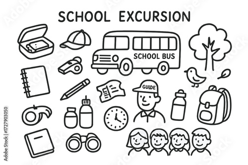 School Excursion Essentials. Hand-drawn doodle illustration school excursion school bus, lunchbox, notebook, pencil, cap, whistle, backpack, ticket, guide,