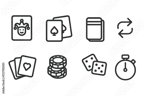 Card Game Icons. Outline icon set of card game wildcards: joker card, playing cards, card deck, shuffle symbol, card hand, poker chips, dice, game timer. Line