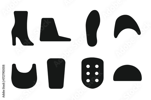 Heel Shoe Parts Icons. Solid, filled icon set of heel shoe parts: heel shaft, heel base, outsole, lining, vamp, tongue, eyelets, toe cap. Solid, filled icons
