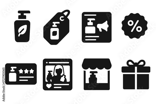 Lotion Marketing Icons. Solid, filled icon set of lotion marketing: product label, price tag, social media ad, discount badge, customer review, influencer