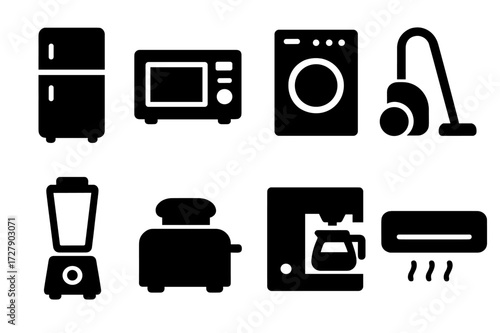 Household Appliance Icons. Solid, filled icon set of household appliances: refrigerator, microwave, washing machine, vacuum cleaner, blender, toaster, coffee