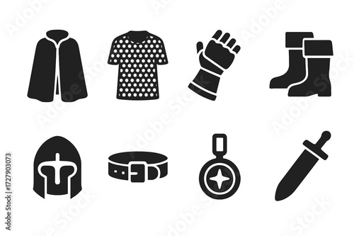 Baron Attire Icons. Solid, filled icon set of baron attire: cloak, chainmail, gauntlet, boots, helmet, belt, medallion, sword sheath. Solid, filled icons in