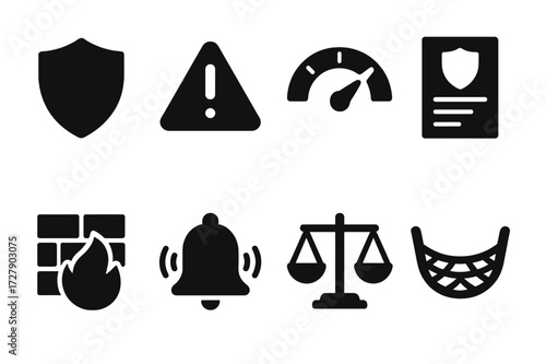 Financial Risk Icons. Solid, filled icon set of financial planner risk management: shield, warning sign, risk meter, insurance policy, firewall, alert bell,