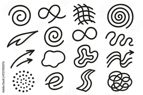 Abstract Flow Patterns. Hand-drawn doodle illustration Abstract Flow Patterns [spiral, loop, curved grid, ripple circles, swoosh, swirl, infinity, maze-like
