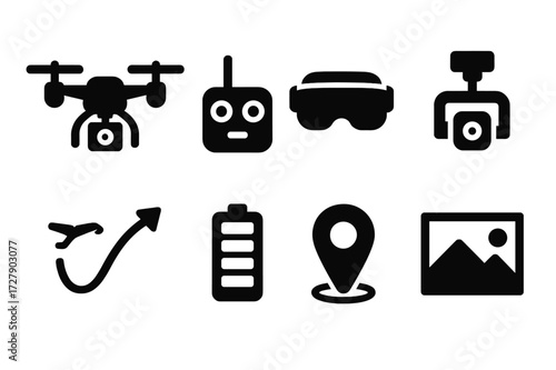 Drone Equipment Icons. Solid, filled icon set of drone camera tools: camera drone, drone controller, FPV goggles, gimbal system, flight path icon, drone