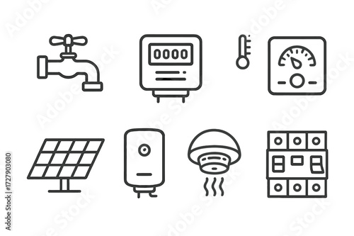 Home Utilities Icons. Outline icon set of home utilities: water tap, electricity meter, gas valve, thermostat, solar panel, water heater, smoke detector,