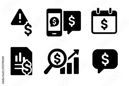 Exchange Rate Icons. Solid, filled icon set of exchange rate monitoring: alerts, notifications, dashboard, calendar, report, audit, analysis, feedback. [Solid,