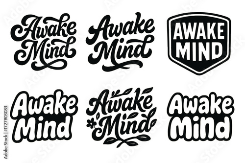 Awake Mind Lettering Variations. Awake Mind. Set lettering. harmonious lettering variations of the same emblematic concept (Whimsical curly type with