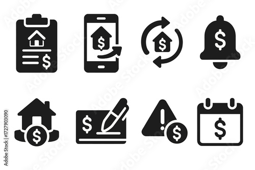 Mortgage Payment Icons. Solid, filled icon set of mortgage payments: payment schedule, online bank transfer, auto debit icon, monthly reminder, escrow account,