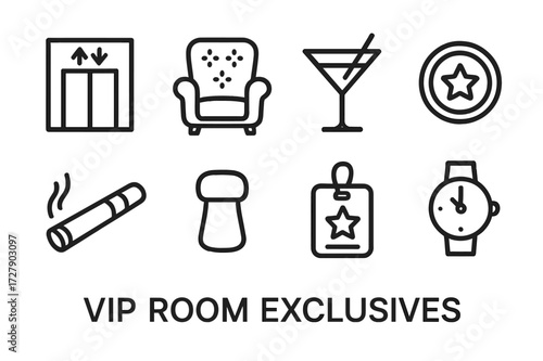 VIP Room Icons. Outline icon set of VIP room exclusives: private elevator, velvet chair, exclusive drink, gold coin, cigar, champagne cork, VIP pass, luxury