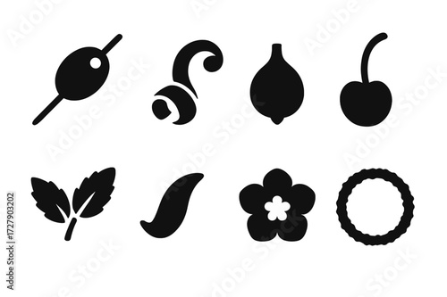Martini Garnish Icons. Solid, filled icon set of martini garnishes: olive on toothpick, lemon twist, cocktail onion, cherry, mint sprig, orange peel, edible