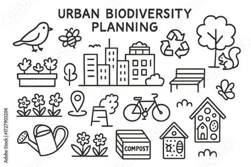 Urban Biodiversity Doodles. Hand-drawn doodle illustration [Urban biodiversity planning] [city skyline, rooftop garden, bird, bee, recycle icon,