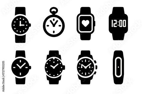 Watch Icon Collection. Solid, filled icon set of watch types: wristwatch, pocket watch, smartwatch, digital watch, analog watch, diving watch, chronograph,