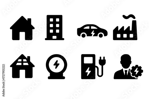 Energy System Icons. Solid, filled icon set of grid users: residential house, commercial building, electric vehicle, factory, solar panel roof, smart meter,