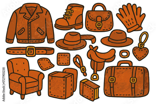 Colorful Leather Doodles. Distressed leather. Colorful Hand-drawn doodle Children illustration Leather jacket, boots, bag, gloves, belt, hat, saddle, armchair,
