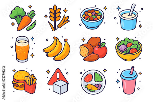 Diet and Microbiome Icons. Diet and microbiome. Colorful isometric vector icons set of diet and microbiome: fresh vegetables, whole grains, legumes bowl,