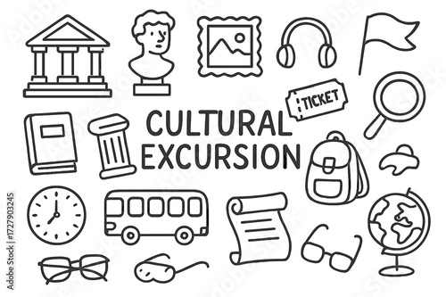 Museum Adventure Doodles. Hand-drawn doodle illustration cultural excursion museum building, statue, painting frame, guide flag, headphones, ticket, book,