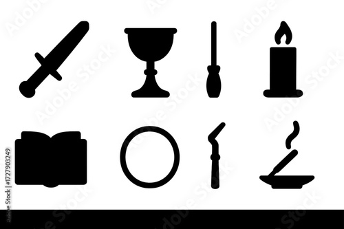 Ritual Tools Icons. Solid, filled icon set of ritual tools: knife, chalice, candle, wand, book, circle, staff, incense. [Line icons in only black color. All