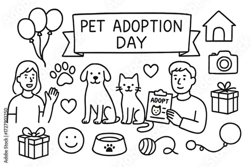 Pet Adoption Celebration. Hand-drawn doodle illustration [pet adoption day event] [banner, balloons, dog, cat, people, paw print, adoption form, gift box,
